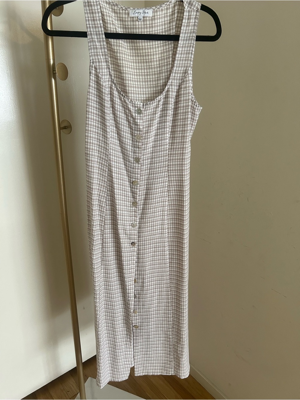 Emory Park Beige Gingham Button Front Midi Dress Size Large